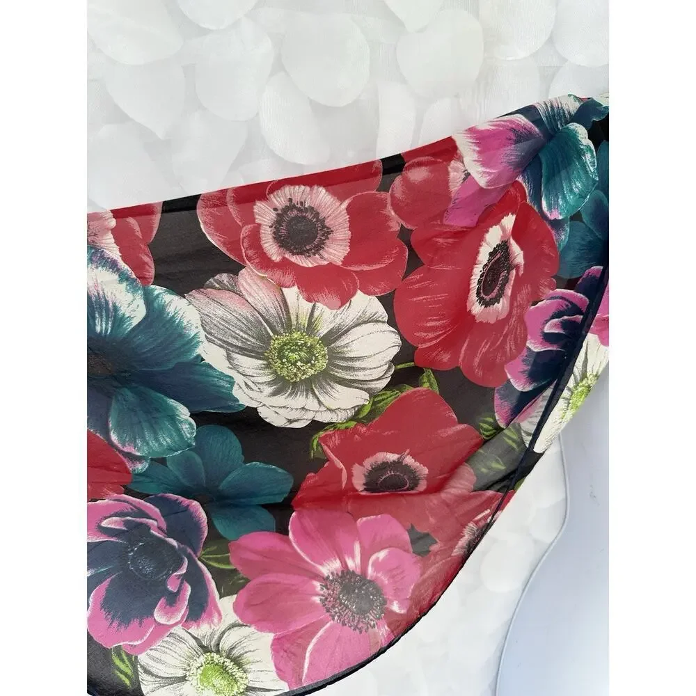 Vintage Anne Klein 100% Silk Scarf JAPAN Floral ANEMONE Red Pink Blue Elegant
